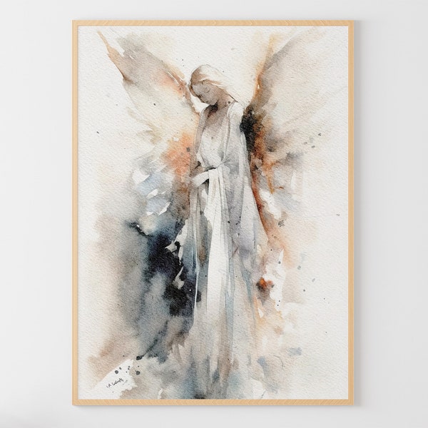 Guardian Angel Painting Religious Wall Art Angel Watercolor Abstract Angel Art Print Calm Art