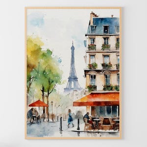 Akvarellkonsttryck i Paris stadsbild: Eiffeltornets caféscen bild 3