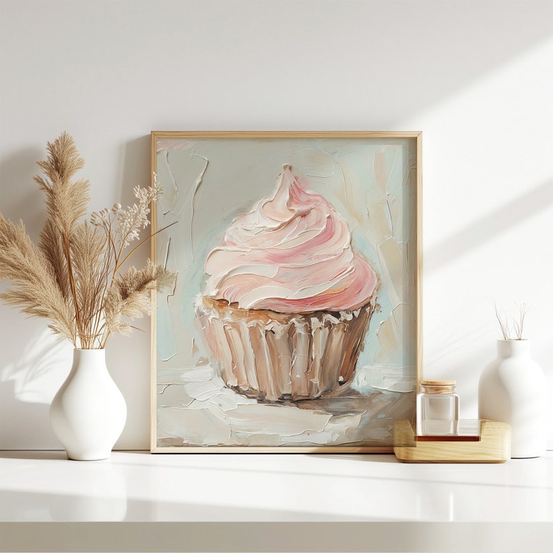 Pink Cupcake Oil Print Dessert Painting Kitchen Wall Decor Food Poster ...