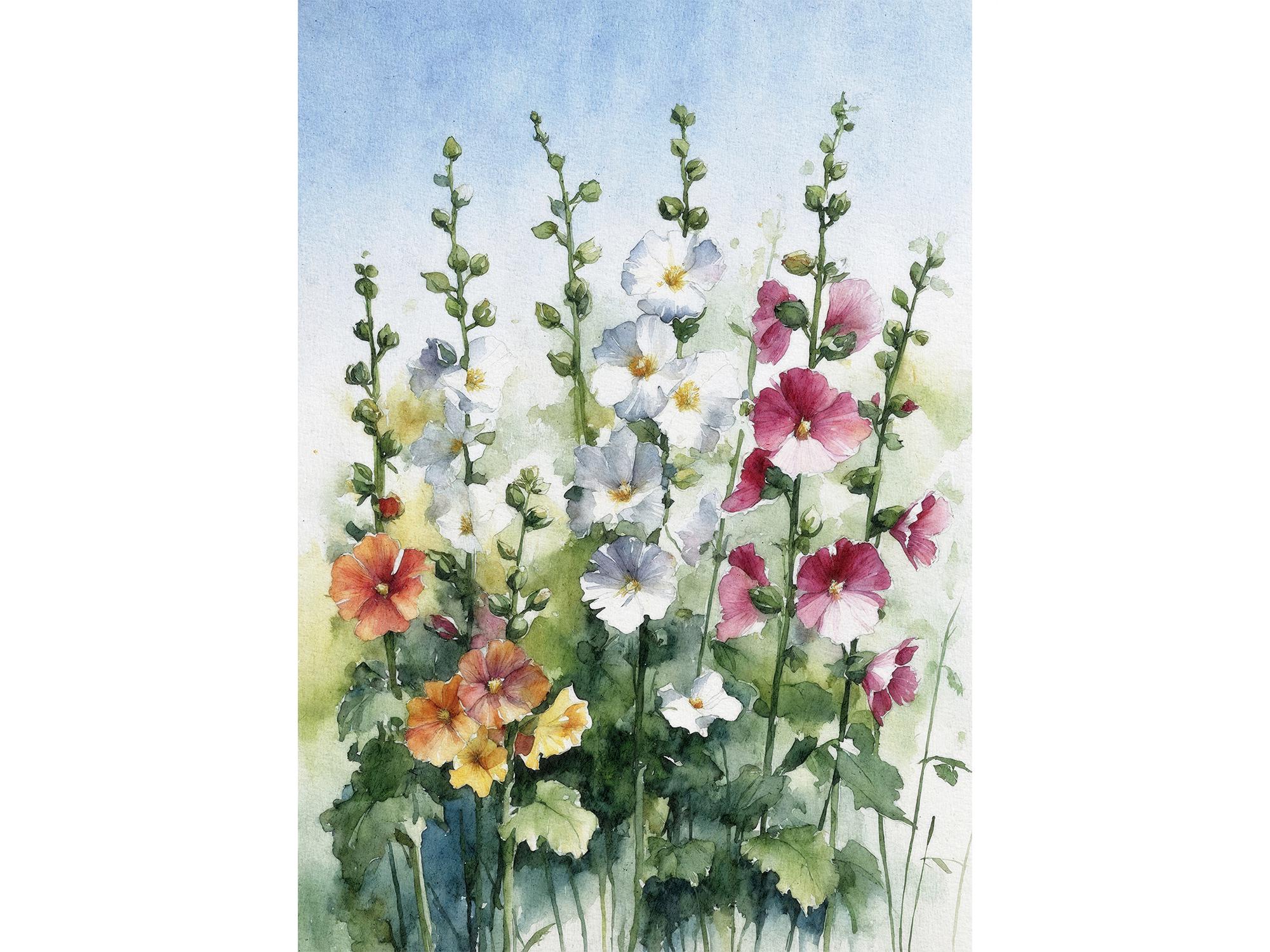 Watercolor Hollyhocks - Etsy