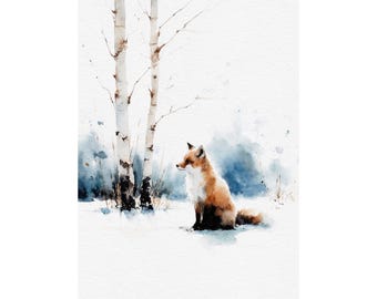 Red Fox Watercolor Art Print Winter Forest Painting Wild Animal Wall Art