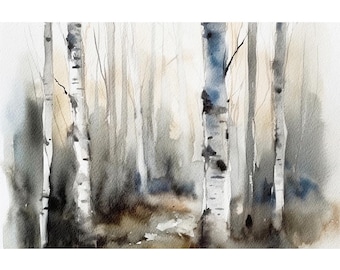Birch Trees Watercolor Print Forest Painting Grove Landscape Neutral Wall Art