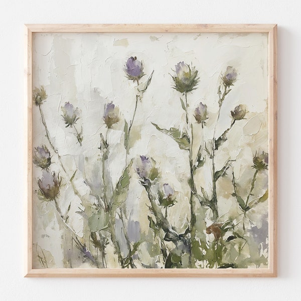 Thistle Flowers Oil Painting Wildflowers Wall Art Scottish Meadow Artwork Neutral Beige Floral PRINT from an original oil painting