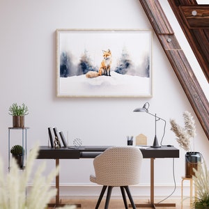May include: A watercolor painting of a red fox sitting in a snowy forest. The fox is looking to the right, and the background is a blurry blue and white.