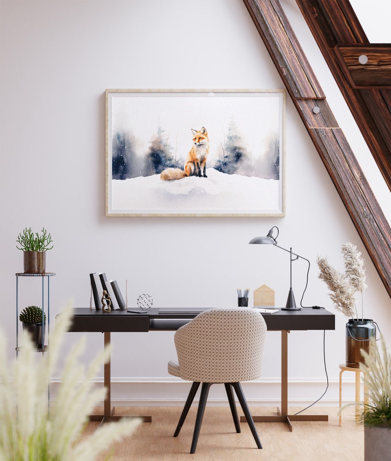 May include: A watercolor painting of a red fox sitting in a snowy forest. The fox is looking to the right, and the background is a blurry blue and white.