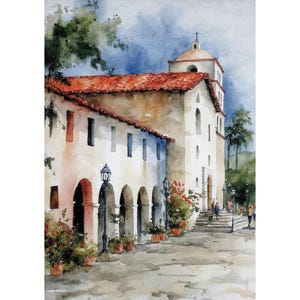 Santa Barbara Watercolor Art Print California Painting Cityscape Wall Art Summer House Wall Decor Housewarming Gift