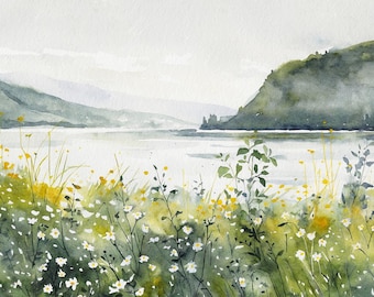 Pintura de acuarela de Hood River, impresión artística de Columbia Gorge, obra de arte de río de montaña, paisaje de Oregón