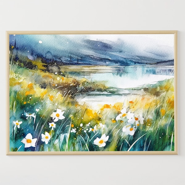 Aquarelle champ jonquille, impression d'art lac de montagne, paysage de vallée de montagne, art mural floral