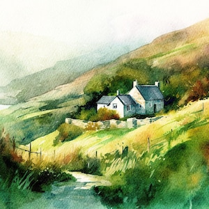 Ireland Painting Cottage Watercolor Irish Landscape Countryside Artwork Farmhouse Wall Art image 1
