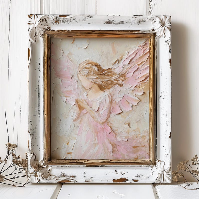 May include: A framed painting of a pink angel with wings, painted in a textured style. The frame is white with gold accents and has a distressed look.