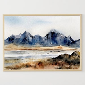 Iceland Watercolor Painting Vestrahorn Beach Poster Icelandic Black Sand Art Print Mountains Wall Art