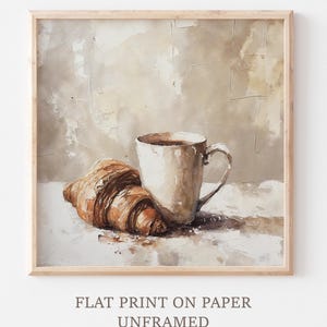 Croissant e caffè, dipinto di natura morta, opera d'arte, poster di cibo, decorazione da parete per cucina, dessert, STAMPA da un dipinto a olio originale