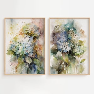 Hydrangea Set Of 2 Watercolor Prints Neutral Floral Wall Art Flowers Painting Botanical Poster