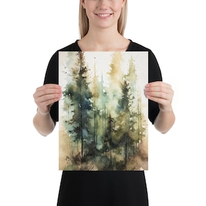 Pine Forest Painting Landscape Watercolor Pine Trees Art Print Misty ...
