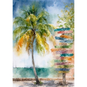 Key West Watercolor Art Print Palm Tree Painting Beach Wall Art Florida Seaside Artwork Tropical Landscape