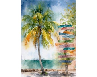May include: Watercolor painting of a tropical scene with a palm tree and a signpost with colorful directional signs. The artwork features a beach, ocean, and a blue sky. The palm tree has green and yellow fronds.