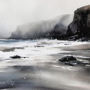 Iceland Painting Black Sand Beach Art Print South Shore Watercolor Icelandic Landscape Travel Poster