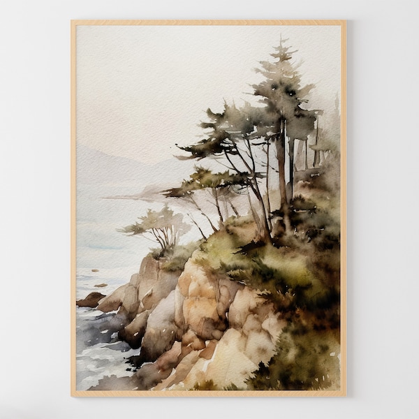 Lake Superior Watercolor Painting Michigan Landscape Coastal Wall Art Lake Shore Pine Poster