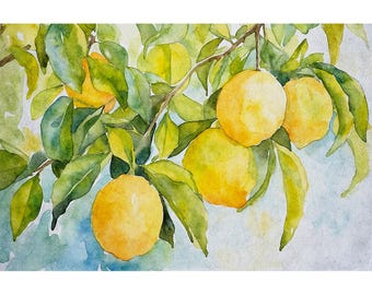Pintura de acuarela de limonero, impresión artística de frutas, arte de pared de cocina, póster botánico, obra de arte cítrica