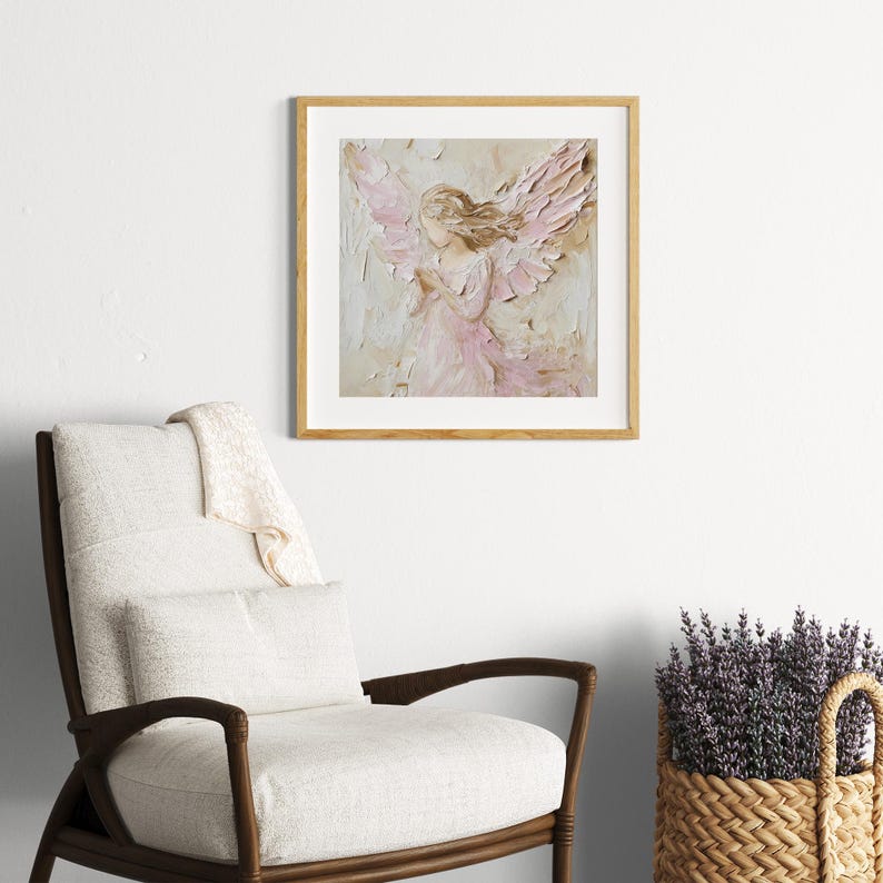 May include: A framed painting of a pink angel with wings, painted in a textured style. The angel is depicted with its head bowed and its wings spread out behind it.