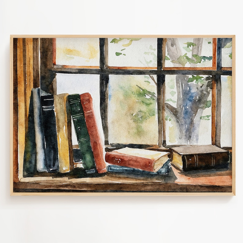 Puede incluir: Una pintura de acuarela de una ventana con vista a los &aacute;rboles y una pila de libros en un alf&eacute;izar de la ventana. Los libros son de varios tonos de marr&oacute;n, verde y rojo.