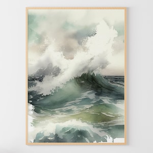 海の波の水彩画 嵐の海の景色 雷の海の絵画 航海の壁アート 大きな水彩画
