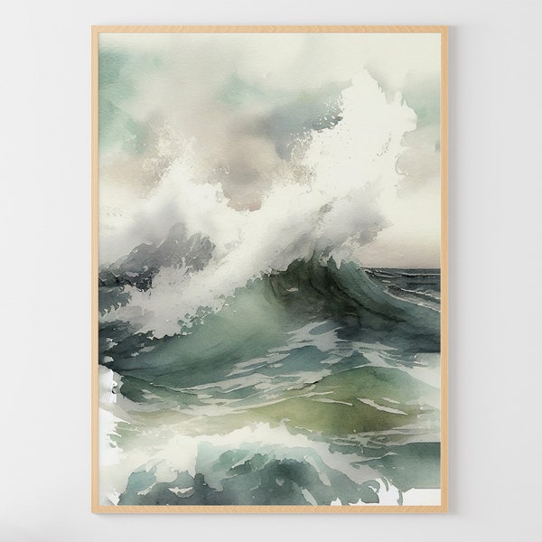 Sea Wave Watercolor Stormy Seascape Thunder Sea Painting Nautical Wall Art Large Watercolor