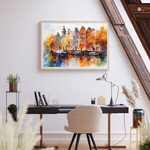 May include: A watercolor painting of a canal scene in Amsterdam, Netherlands. The painting features colorful buildings with red tile roofs, a canal with a boat, and trees with green and yellow leaves.