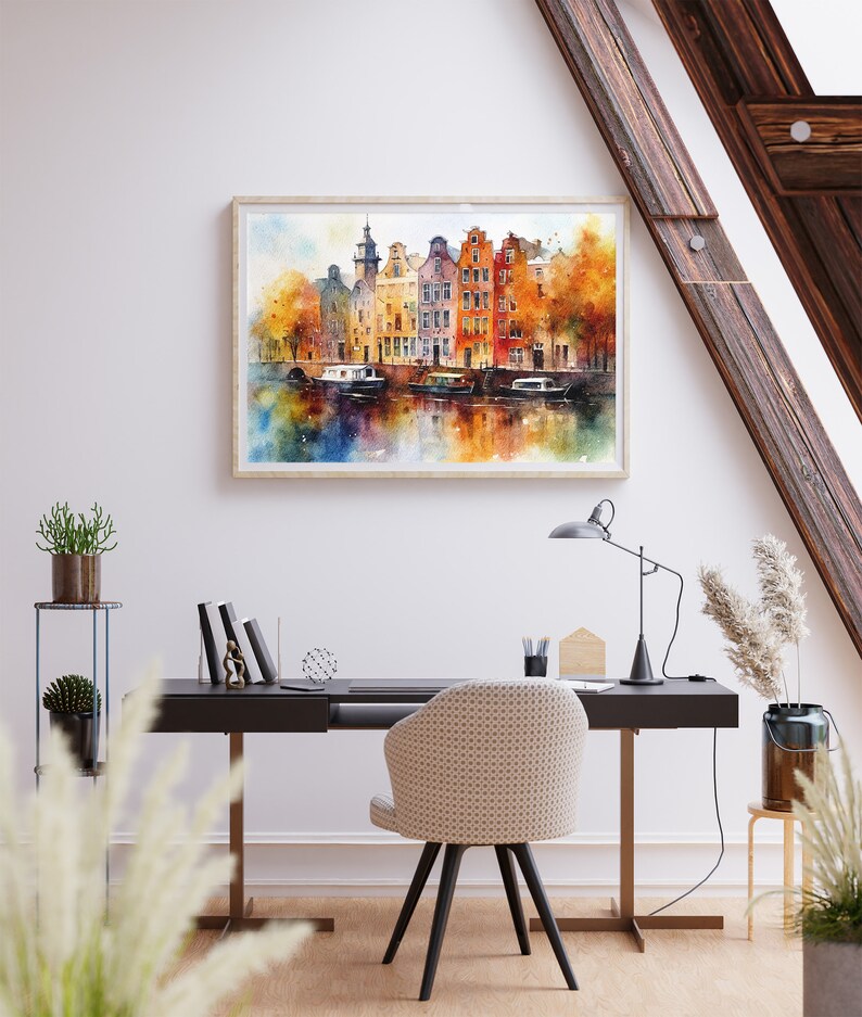 May include: A watercolor painting of a canal scene in Amsterdam, Netherlands. The painting features colorful buildings with red tile roofs, a canal with a boat, and trees with green and yellow leaves.