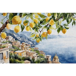 Positano Watercolor Painting Lemon Tree Artwork Italian Cityscape Wall Art Amalfi Coast Poster image 1
