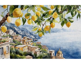 Positano Watercolor Painting Lemon Tree Artwork Italian Cityscape Wall Art Amalfi Coast Poster