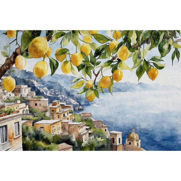 Positano Watercolor Painting Lemon Tree Artwork Italian Cityscape Wall Art Amalfi Coast Poster