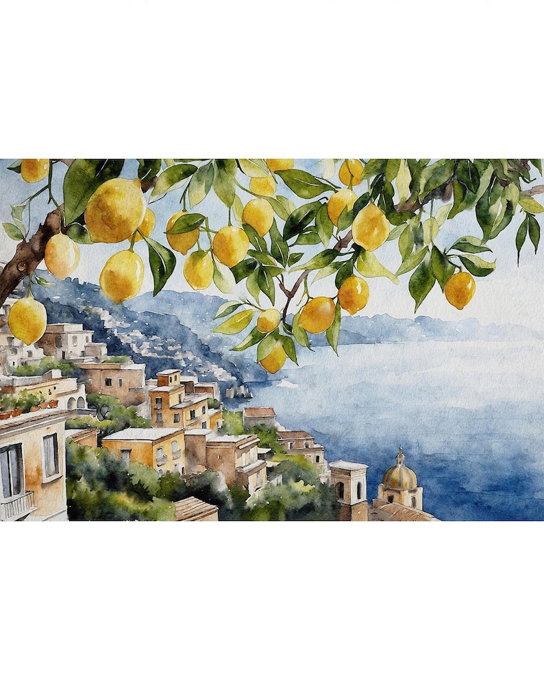 Positano Watercolor Painting Lemon Tree Artwork Italian Cityscape Wall Art Amalfi Coast Poster image 1