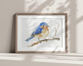 ブルーバードの水彩画：枝に止まるミニマリストの鳥の春の壁アート