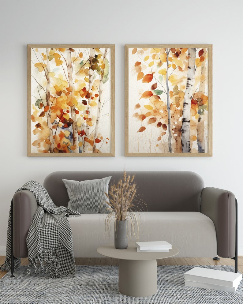 Fall Birch Watercolor Set of 2 Prints Aspens Wall Art Autumn Landscape ...