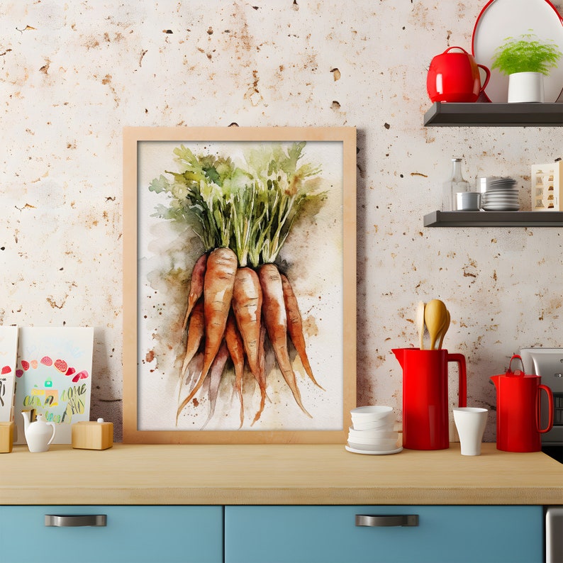 May include: Watercolor painting of a bunch of carrots with green tops in a wooden frame. The artwork features orange carrots with green leaves, set against a neutral background. The painting is displayed on a kitchen counter.