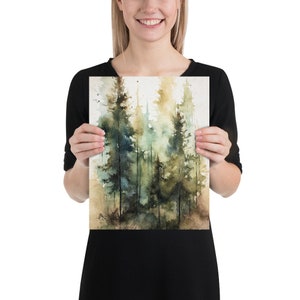 Pine Forest Painting Landscape Watercolor Pine Trees Art Print Misty ...