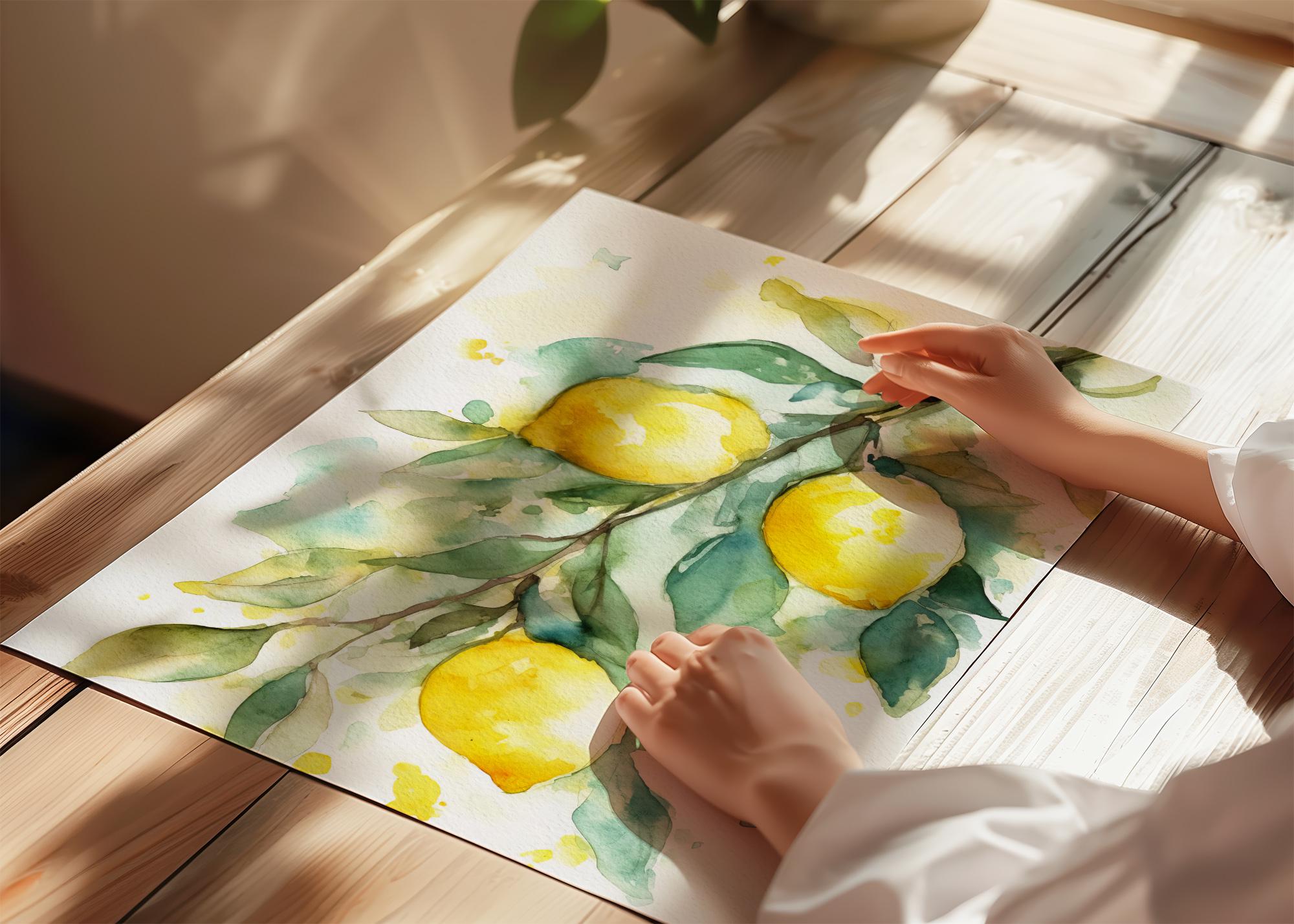 レモンの木の水彩画、柑橘類のアートプリント、キッチンの壁アート