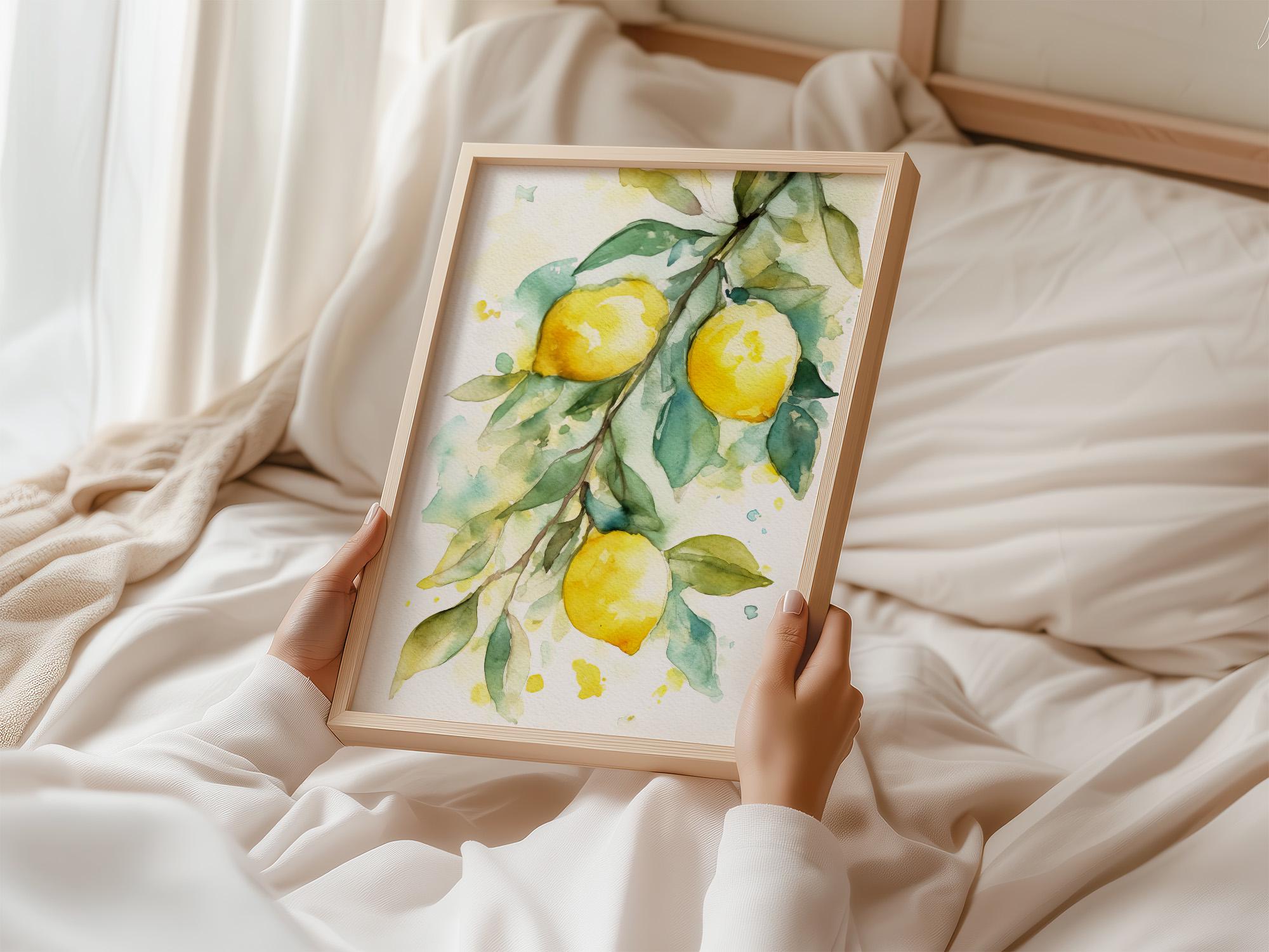 レモンの木の水彩画、柑橘類のアートプリント、キッチンの壁アート
