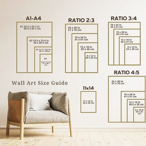 May include: A wall art size guide with different ratios and sizes in inches and centimeters. The guide includes ratios of 2:3, 3:4, 4:5, and 11x14. The guide also includes standard sizes like A1, A2, A3, and A4.