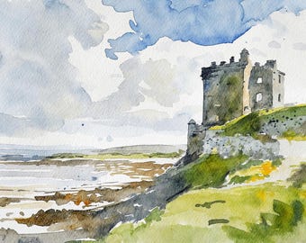 Pintura de acuarela de un castillo escocés. Paisaje escocés. Impresión artística del castillo de Kilchurn.