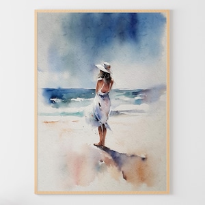 Mädchen am Strand Aquarell Malerei romantische Wand Kunst Ocean Beach Kunstdruck Schöne Stranger Poster