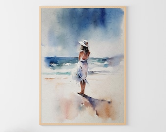 Girl On Beach Watercolor Painting Romantic Wall Art Ocean Beach Art Print Beautiful Stranger Poster