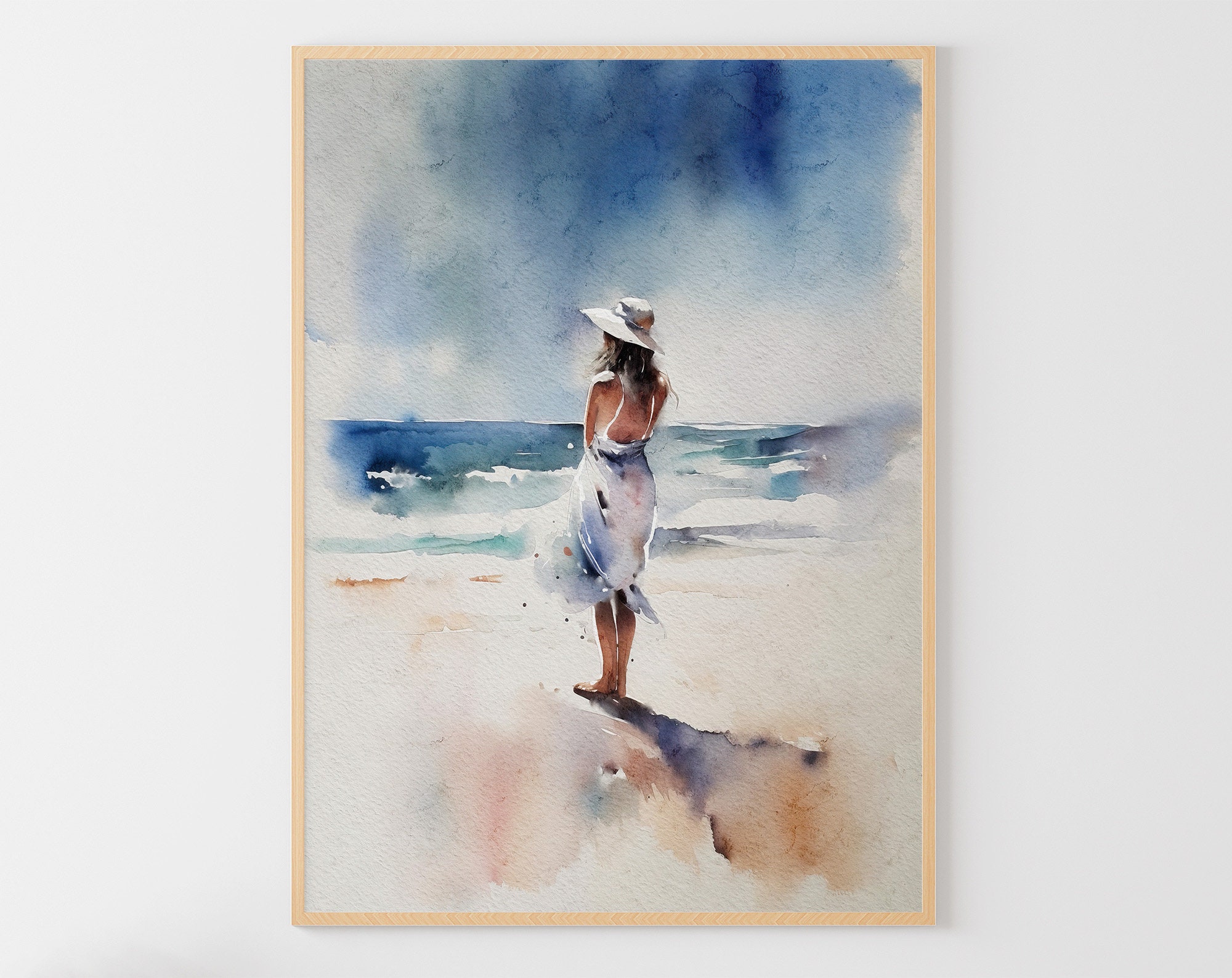 Girl on Beach Watercolor Painting Romantic Wall Art Ocean Beach