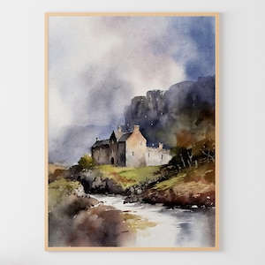 Scotland Painting Old Cottage Watercolor Glen Coe Landscape Scottish Highlands Art Print Nature Large Art Print