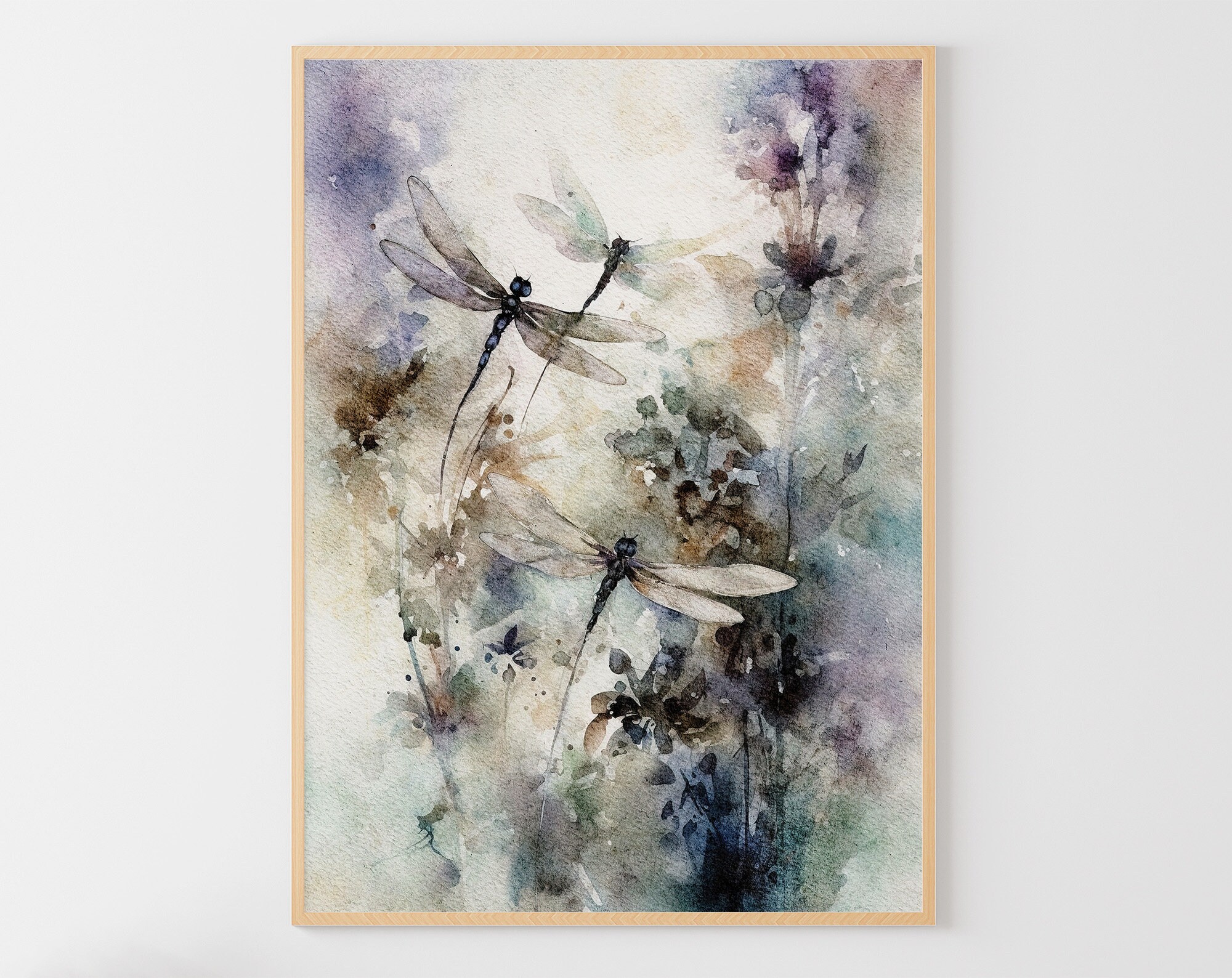Dragonfly Painting Lavender Watercolor Insects Art Print Floral