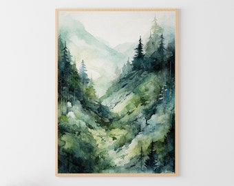 Foresta di montagna pittura pini acquerello pineta arte della parete alberi di pino opera d'arte paesaggio di montagna