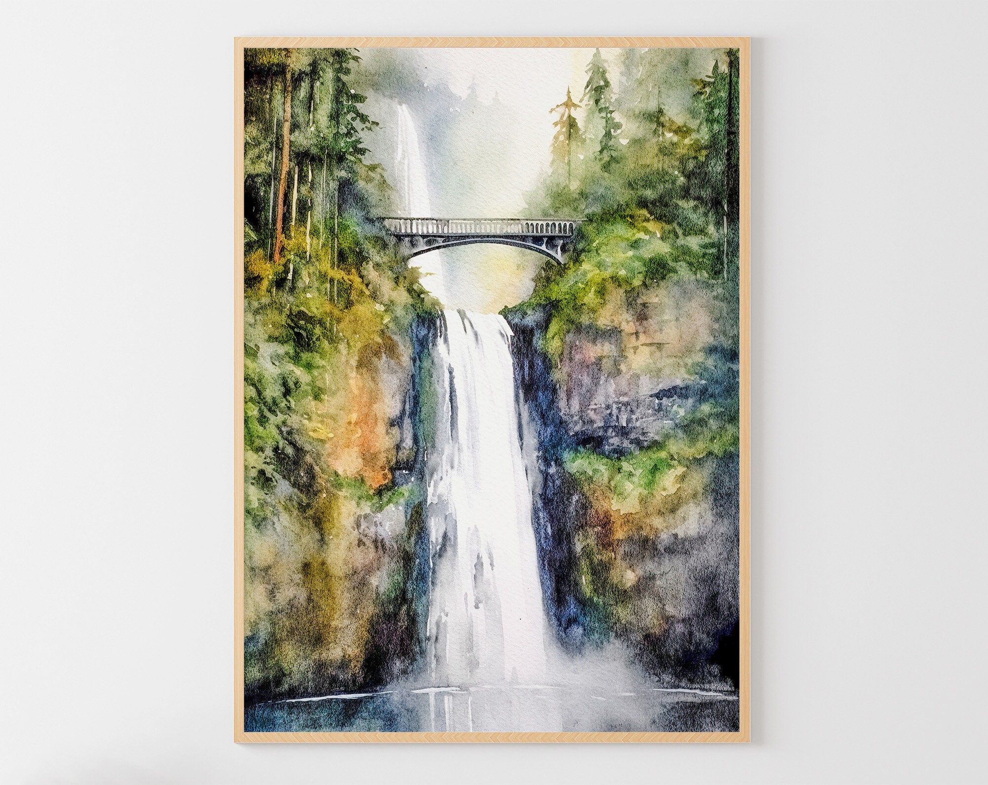 マルトノマ滝の水彩画、コロンビア川渓谷の絵画、オレゴンの風景、滝