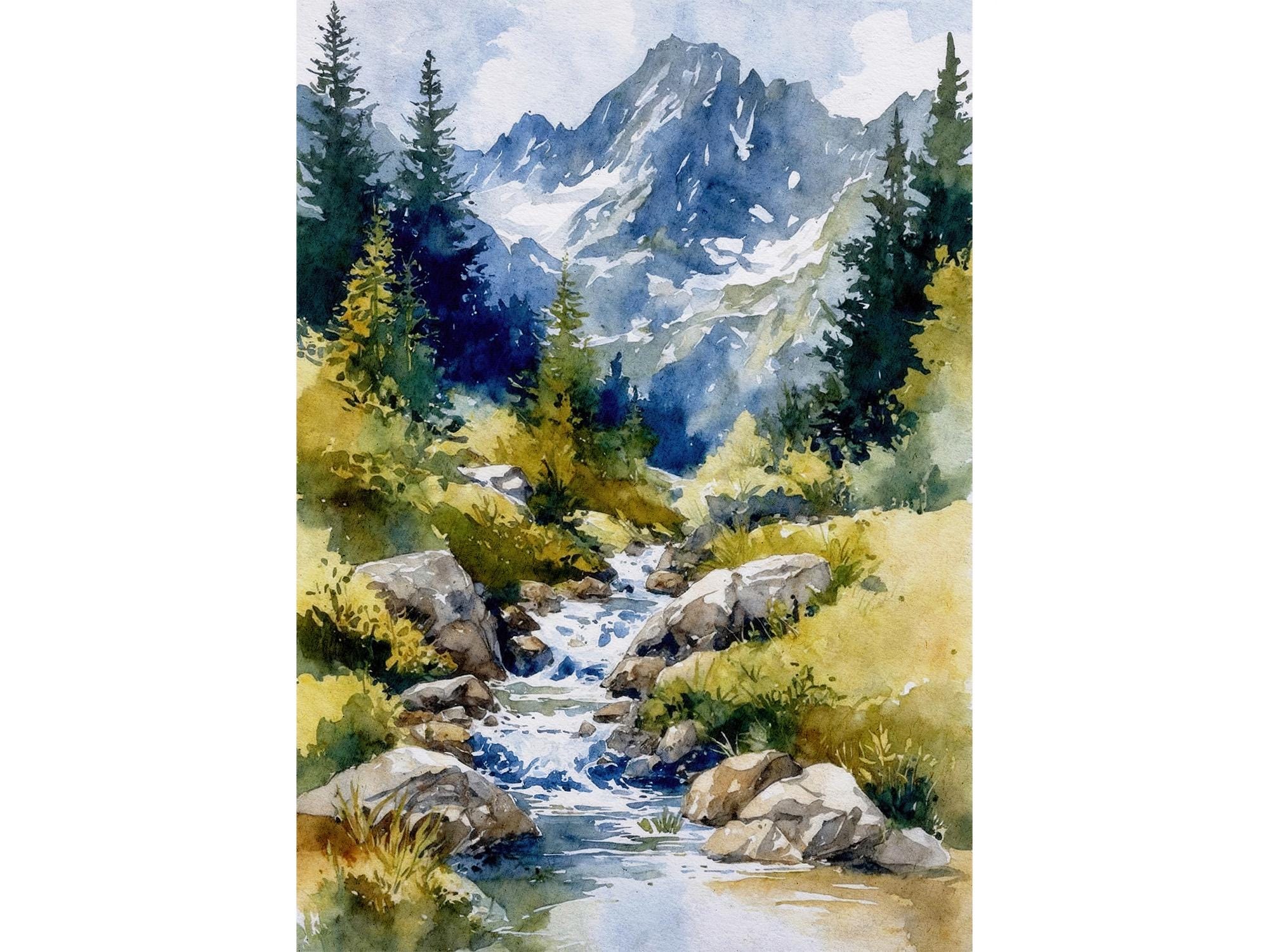 ピレネー山脈の水彩画アートプリント 山の絵画：フランス、スペインの