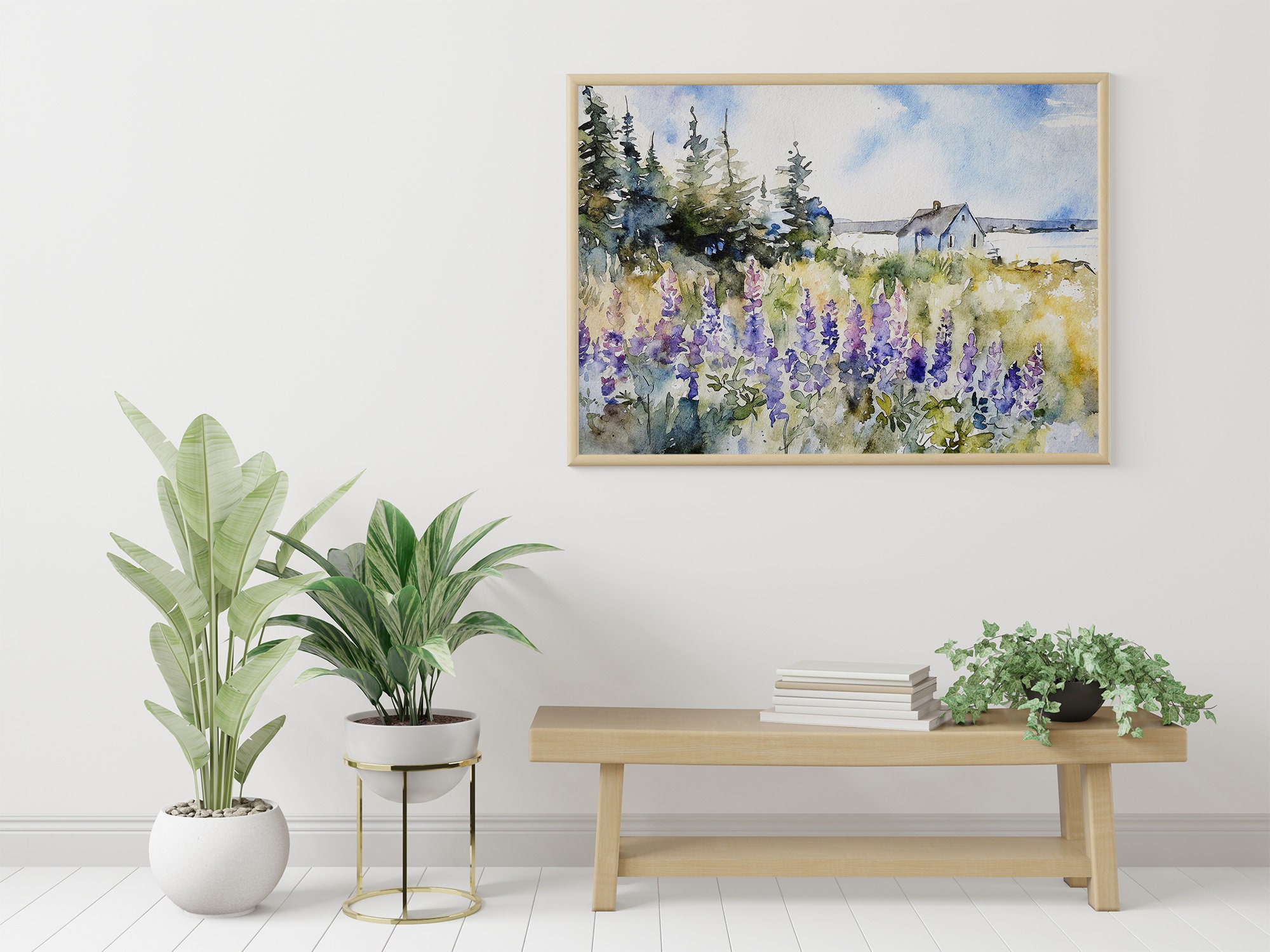 メイン海岸の水彩画アートプリント：ルピナスの花、海岸の風景 - Etsy 日本